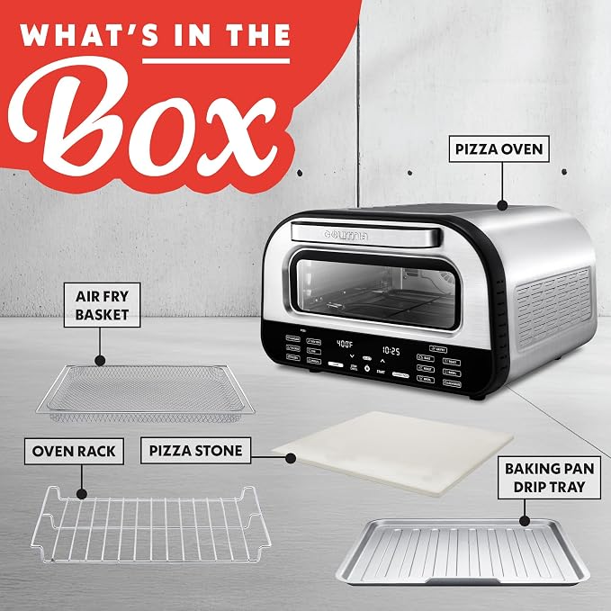 Gourmia Electric Indoor Pizza Oven – Countertop Air Fryer Toaster Oven Combo with 6 Pizza Presets, 7 Cooking Functions, Air Fry, Broil & Bake, Includes Cordierite Pizza Stone, Stainless Steel