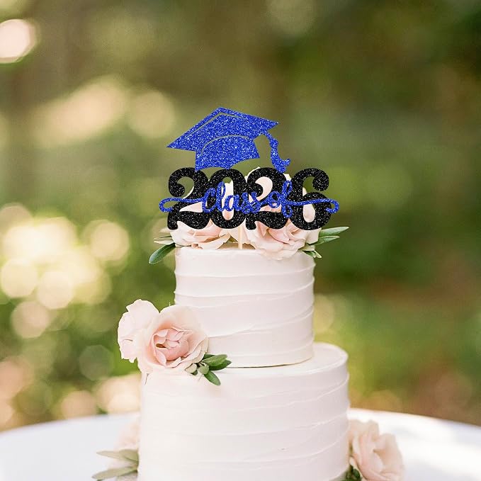 1 Pack Class of 2025 Cake Topper Glitter Congrats Grad Cap 2025 Graduation Cake Pick for 2025 Graduation Theme High School Boys Girls Graduate Party Cake Decorations Supplies Black Blue