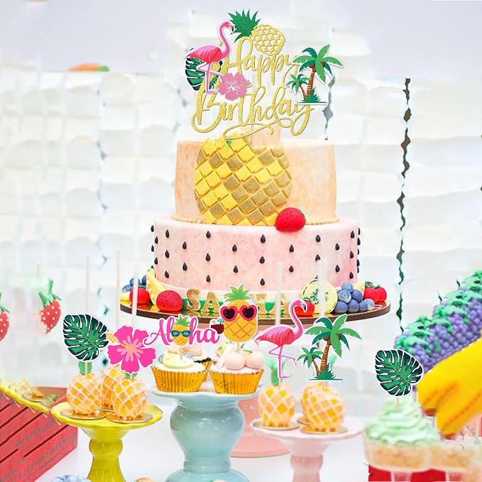 25 PCS Tropical Luau Cupcake Toppers with Happy Birthday Flamingo Cake Topper Palm Tree Flamingo Pineapple Aloha Cupcake Picks Decorations for Hawaiian Luau Theme Birthday Party Supplies