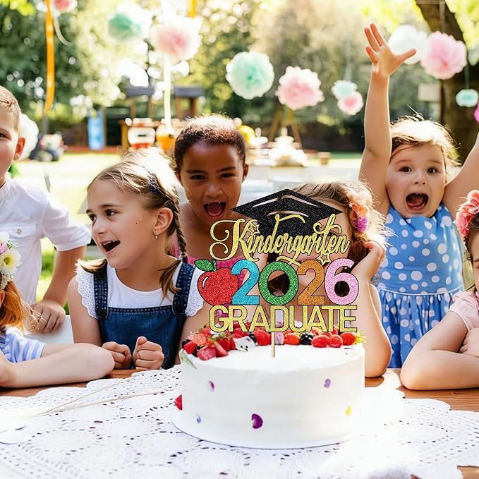 Kindergarten 2026 Graduate Cake Topper, Chirldren Graduation Cake Decorations, Preschool Kindergarten Graduations Party Decoration, Glitter Grad 2026 Happy Graduation (Black Gold)