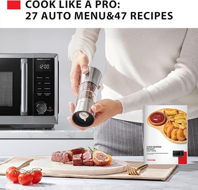 TOSHIBA OptiChef Basic Countertop Microwave Air Fryer Combo – 0.9 Cu.Ft, Origin Inverter Tech, Convection Bake & Broil, 27 Auto Menus, Black Stainless Steel