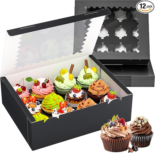 RYDDOY 12 Pack Cupcake Boxes, Hold 12 Standard Cupcakes, Black Cupcake Containers, Cupcake Holder with Window and Inserts for Birthday Holiday Party, Supplies for Cupcakes, Desserts and More