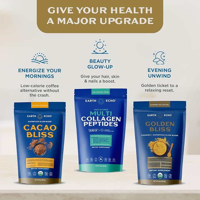 Earth Echo Cacao Bliss - Ceremonial Grade Organic Raw Cacao Powder with MCT Oil & Turmeric - Supports Energy Boost, Mindful Snacking & Focus - Unsweetened, Vegan, GMO & Gluten-Free, 30 Servings