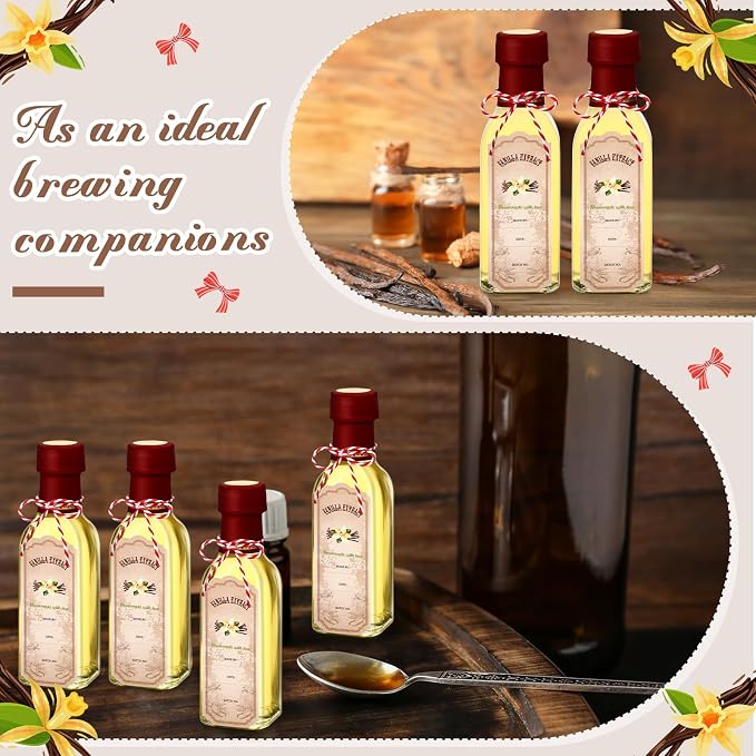 Tioncy 12 Pcs Vanilla Extract Bottles for Homemade Vanilla Jar Glass Square Bottle with Cap Shrink Band Sticker Syrup Food Storage Canister for Liquids Bean Sauce Spice Gift Giving(Red,5 oz)