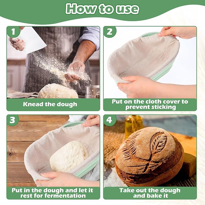 Nuogo 9 Pack Oval Bread Proofing Basket Silicone 10 Inch Collapsible Sourdough Bread Baking Supplies Dough Proofing Bowl with Dough Scraper and Basket Covers for Making Bread