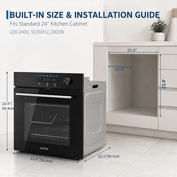 Garvee 24 Inch Built-in Single Wall Oven, 2.5 Cu.ft. Electric Oven with 5 Cooking Functions, 3000W Power, Touch and Knob Control, Low-e Glass Door & Cooling Fan, Easy Clean Enamel, Black