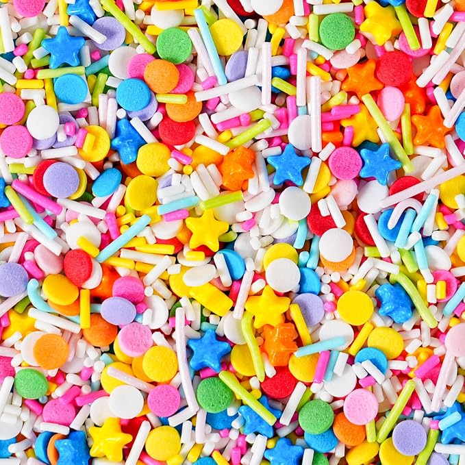 Rainbow Sprinkles 7 oz Rainbow Stars Jimmies Confetti Round Sprinkles for Birthday Cake Decorating Baking, Ice Cream Toppings, Cupcakes, Cookies, Donuts, Easter Party