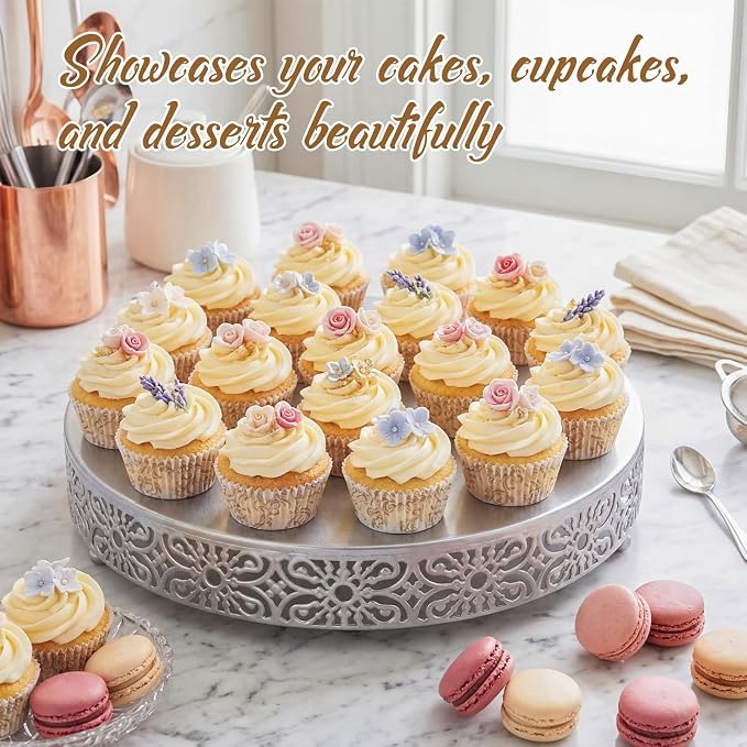 Wenqik 18 Inch Cake Stand Round Metal Cupcake Dessert Wedding Cake Stand Cookies Display Holder Fruit Food Serving Tray for Table Wedding Birthday Anniversary Party Decor (Silver)