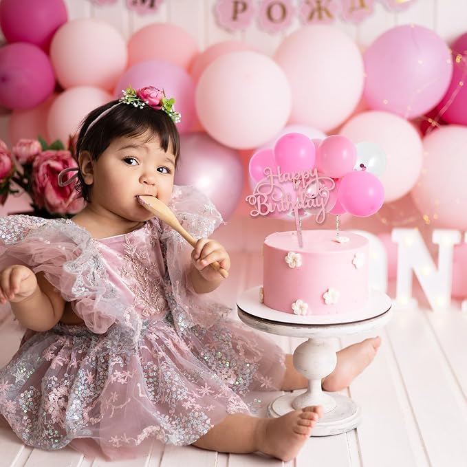 BEISHIDA Happy Birthday Cupcake Toppers - Pink Mini Balloon Cloud Birthday Cake Decorations for Valentines Wedding Anniversary Baby Shower Decorations