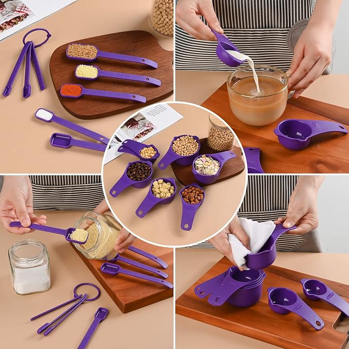 Purple Measuring Cups and Spoons Set 15, Plastic Mesuring Cups and Spoons, 7 Plastic Measuring Cups and 7 Measuring Spoons with leveler, Cute Measure Cups for Baking & Kitchen