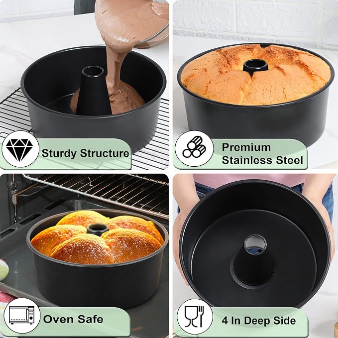 LIANYU Angel Food Cake Pan Set of 2, 10 x 4 Inch Black Nonstick Tube Pan for Baking Pound Cake, Deep Chiffon Mold with Stainless Steel Core, Easy to Release, Leak Resistant