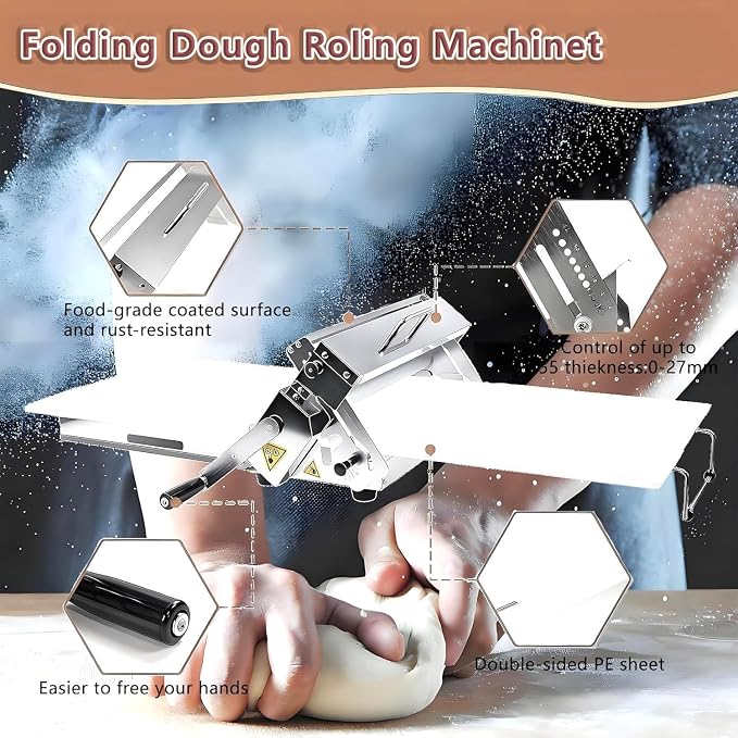 Dough Sheeter Manual, Adjustable Reversible Roller Machine for Bakery, 0-25mm Thickness for Croissants, Danish Pastries & Puff Pastry, Compact & Easy to Use