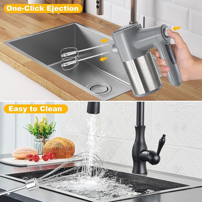 Cordless Electric Hand Mixer, 7 Speed Rechargeable Wireless Handheld Mixer with Eject Button, Long Battery, Quiet Anti-Splash, 6×304 Stainless Steel Attachments & Storage Base for Baking (Silver)