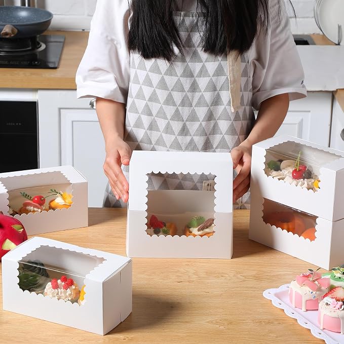Ireer 40 Pcs 8 x 4 x 4 Inch Bakery Boxes with Window Cookies Pumpkin Roll Container Donut Boxes Pastry Cake Packaging Safe for Loaf Muffins Breads Dessert Treat (White)
