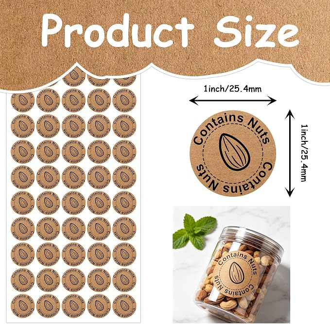 500 Pcs Contains Nuts Stickers 1 Inch Tree Nut Allergen Warning Kraft Labels Food Allergy Stickers for Bakery Restaurant Home Kitchen Food Packaging Cake Shop Cookie Bakery Businesses Kitchen