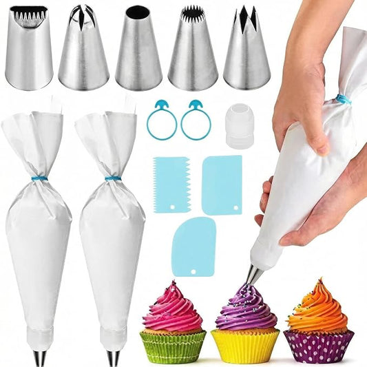 Baking & Pastry Tool Kit, 14 Nozzles & 6 Blue Scrapers, Reusable Bags & Ties, Versatile Kitchen Accessories for Decorating & Dough Shaping (14)