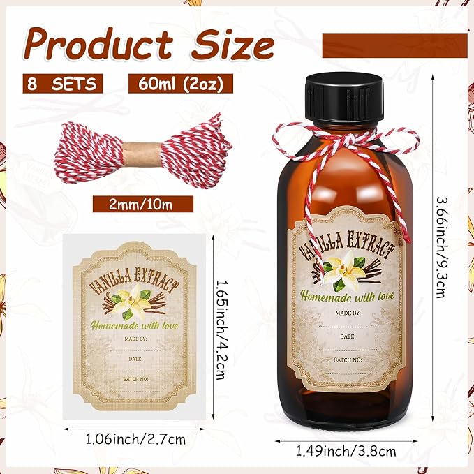 Uiifan 8 Pcs Vanilla Extract Bottles Boston Round with Caps Glass Bottle and 8 Pcs Vanilla Extract Labels Stickers for Syrup Gift Glass Food Storage Canister Set Sauce Beans(2 oz)