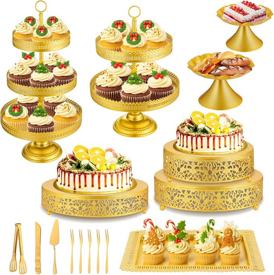 Wenqik 16 Pcs Gold Cake Stand Set Metal Dessert Display Set Tiered Cupcake Holder Square Serving Trays Round Tower Tray Platter for Wedding Birthday Party Celebration (Exquisite Style)