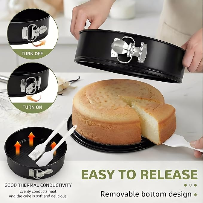 9 Inch Springform Pan, 4mm Thick Carbon Steel Cheesecake Pan with Removable Bottom, Leakproof Non-Stick Cake Pan for Baking, Includes Silicone Oil Brush & Scraper, Oven Safe to 450°F