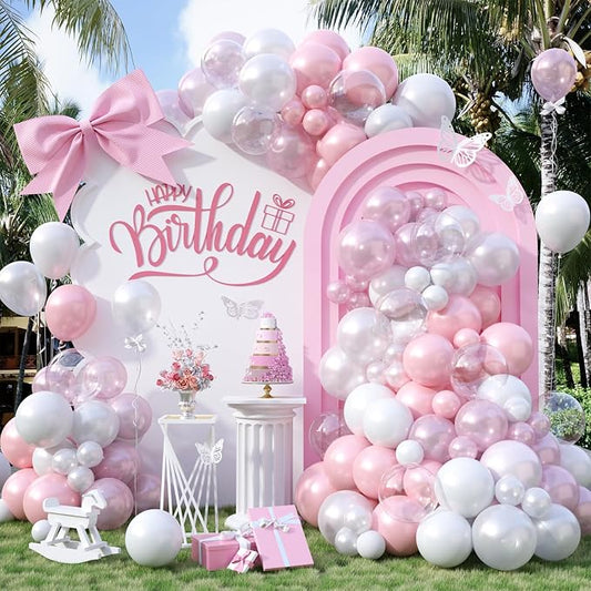 FunHot Pink White Balloon Arch Kit, Pink Balloon Garland, Double Stuffed Pearl Pink Matte White Balloons Large Clear Balloons for Girls Baby Shower Wedding Bridal Shower Birthday Party Decoration