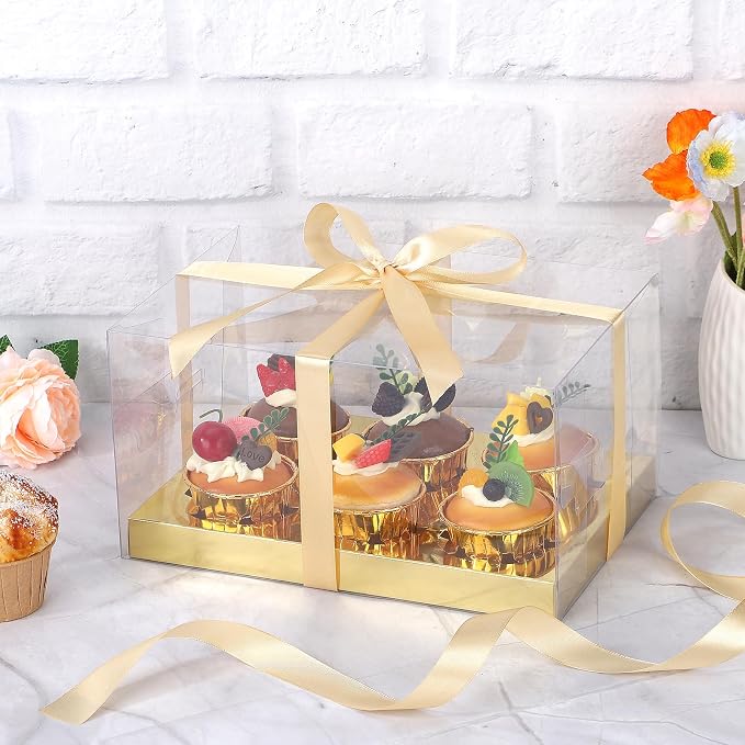 EUSOAR Gold Cupcake Boxes, 6 Pack Clear Muffins Pastry Container 6 Count with Gift Ribbon, Rectangle Bakery Cookies Dessert Holder Disposable Pastry Mini Cake Carrier for Wedding Party Favor Decor