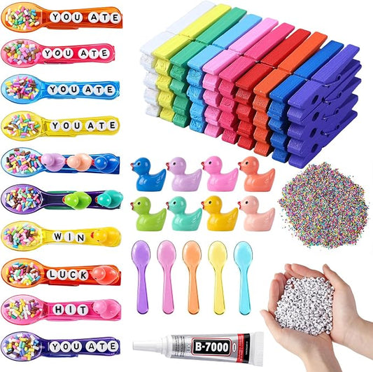 Geelin Cheer Pins Kit with 80 Pcs Spirit Clips, 800 Letter Beads, 30 Ducks, 80 Spoons, Glue, Decoration for Cheerleaders, Volleyball Team Gifts Bulk Stuff DIY Charms(Multicolor, Spoon)