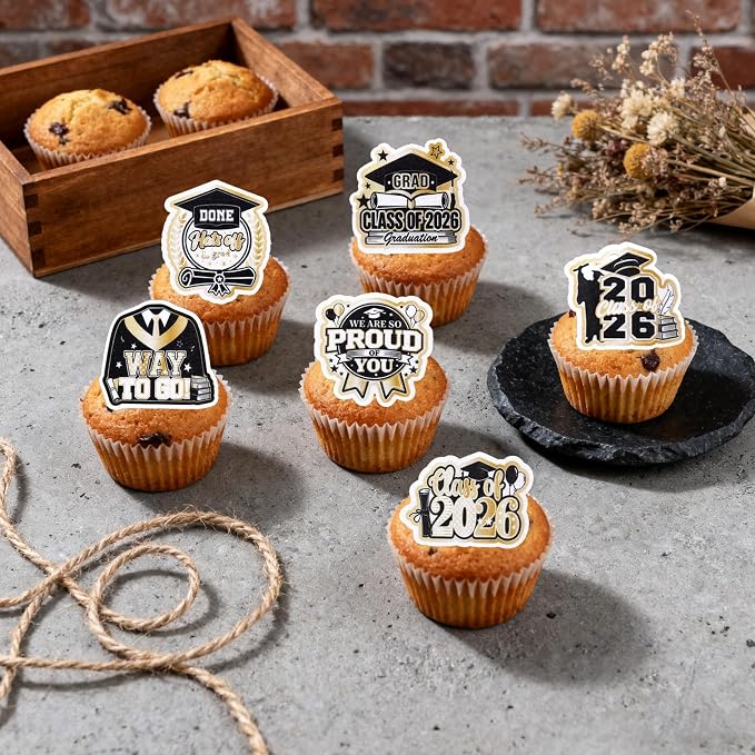 60 PCS Edible 2026 Graduation Cupcake Toppers Diploma Congrats Grad Cap Cupcake Picks Edible Done You Did it Cake Decorations for Class of 2026 Graduation Theme Party Decorations Supplies Black Gold