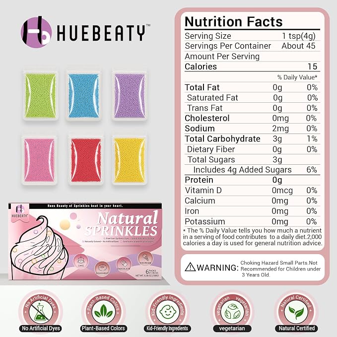 HUEBEATY 6-in-1 Dye Free Rainbow Nonpareils Sprinkles for Baking – 180g Natural Colored Nonpareils for Cake Decorating, Cookies, Cupcakes & Ice Cream – No Artificial Dye Red Yellow Green Blue Purple & Pink Assorted Sprinkles