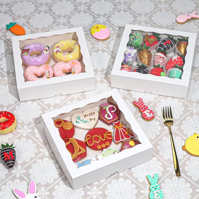 TEMLQPACK 50pcs 8x8x2 Inch White Bakery Boxes with Window - Perfect for Cookies, Chocolate Covered Strawberries, Pretzels, Cakesicles & More
