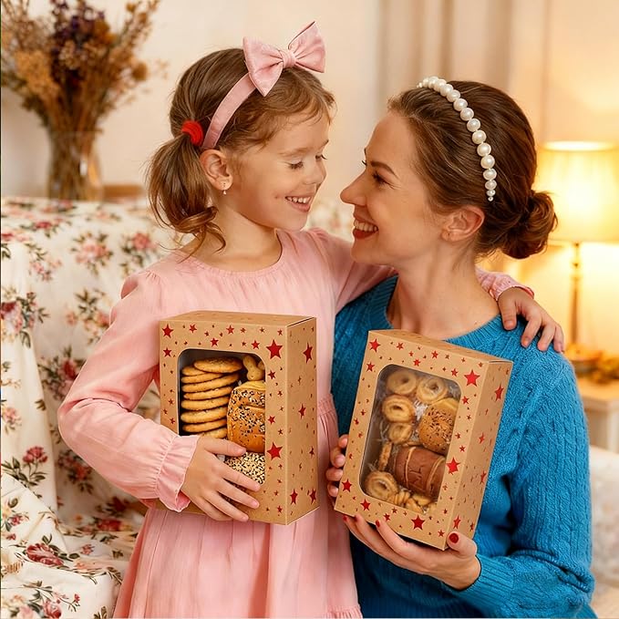 24 Pack Brown Cookie Boxes, 9x6x3Inch Red Star Baking Boxes for Gift Giving,Kraft Boxes with Window,Holiday Treat Boxes for Pastry,Cookie Tin Containers Box for Baked Goods Packaging