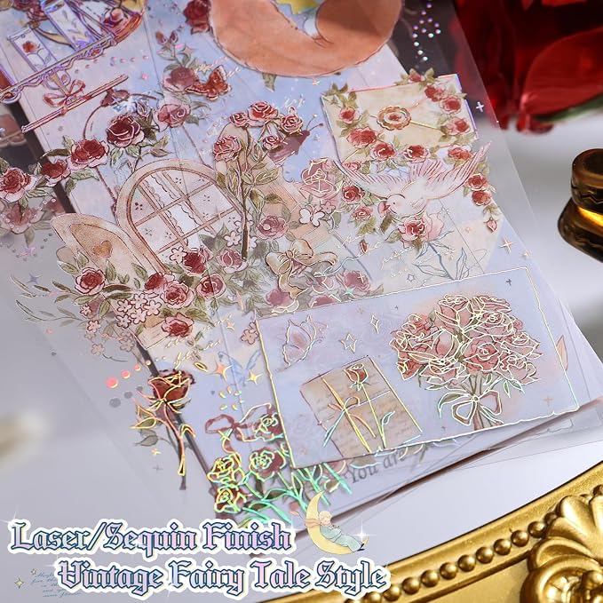 12 PCS Flowers Rose Themed Sticker, Decals for Scrapbook Supplies Bullet Junk Journal Bottles Planner Laptops DIY Scrapbooks Journals Phone Case Decoration Gifts Rewards