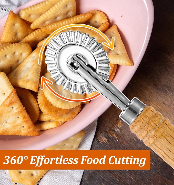 Fluted Pastry Cutter, 6.3 Inch Stainless Steel Fluted Pastry Wheel with Ergonomic Oak Wooden Handle for Ravioli, Pasta, Dumpling, Noodles, Kitchen 360 Degree Effortless Food Cutting