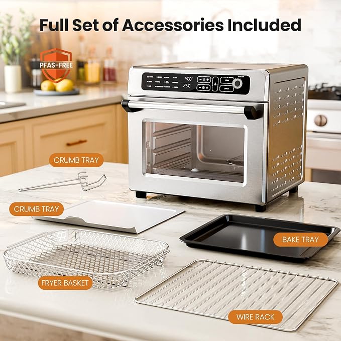 Kismile 25QT Air Fryer Toaster Oven, Countertop Convection Oven, 12 Preset Cooking Functions, Adjustable Temp 70-450°F, Toast, Bake, Broil, Reheat, Fits 12" Pizza, Full Accessory Set Included, Silver
