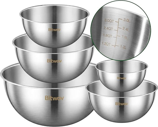 304 Stainless Steel Mixing Bowls Set of 5, 1.1/1.6/1.9/2.5/3.5 QT Food Grade Metal Bowls with Measurement Marks, Dishwasher Safe & Stackable Nesting for Baking, Salads, Meal Prep, RV & Camping