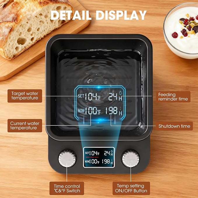 Sourdough Starter Warmer | Water Bath Precise 1°F Thermostat (70-104°F) Sourdough Warmer | For Jars Under 50oz |198-h Memory Timer |360° Uniform Heating |for Bread Baking,Yogurt & Kombucha(Black)