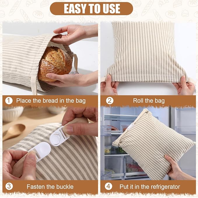 2 Pack Reusable Striped Bread Bags Set with Drawstring Cotton Linen Food Storage Bags for Homemade Bread & Sourdough 17"x 13" Lined Food Bag Cover Keep Loaves Fresh Longer(Grey Stripes)