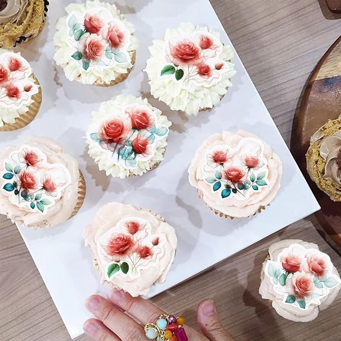 40Pcs Edible Red Rose Cupcake Toppers Roses Blossom Cupcake Picks for Floral Birthday Rose Theme Bridal Shower Proposal Party Engagement Wedding Anniversary Valentine's Day Party Decorations