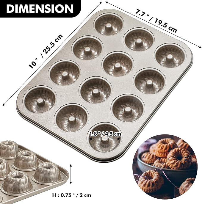 Webake 2 Pack Mini Fluted Tube Cake Pans, 12-Cup Non-stick Bite Size, 1.8 Inches Petite Fluted Cake Mold Heavy Gauge Carbon Steel