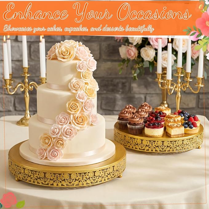 Wenqik 2 Pack Cake Stand Set, 14/16 Inch Metal Round Cupcake Dessert Stand Decorative Elegant Cake Display for Weddings Party Birthday Baby Showers Anniversary(Classic Floral,Gold)