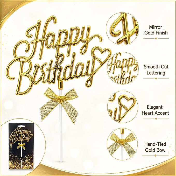 Gold Acrylic Happy Birthday Cake Topper with Heart and Bow | Glossy gold acrylic script withheart and bow adds an elegant finishing touch to birthday cakes and celebration desserts.