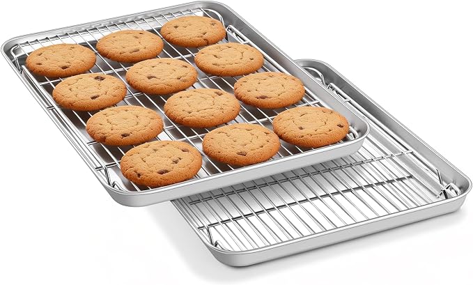 Homikit Baking Sheet with Rack Set (2 Pans+2 Racks), 18x13 Inches Stainless Steel Half Cookie Sheets with Cooling Racks Non Toxic, Large Bacon Crisp Trays for Oven Baking Cooking, Dishwasher Safe