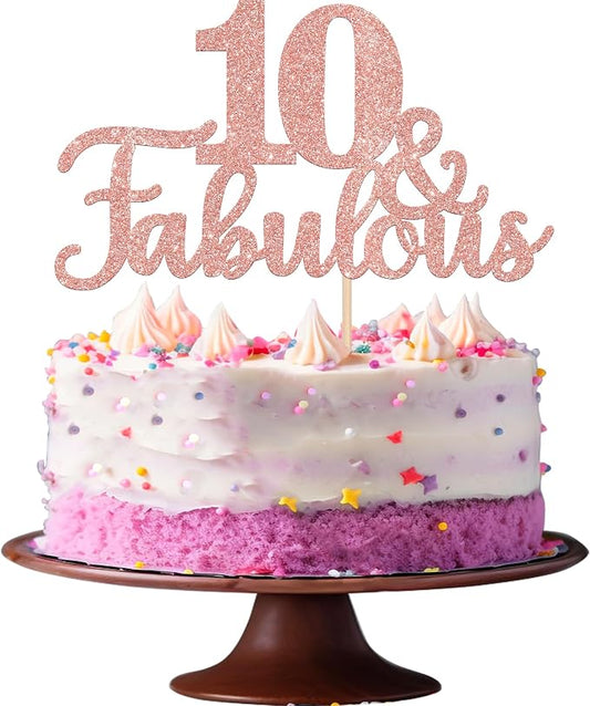 1 PCS 10 & Fabulous Cake Topper Glitter Ten and Fabulous Cake Toppers Happy 10th Birthday Cake Pick for 10th Wedding Anniversary Birthday Party Cake Decorations Supplies Rose Gold