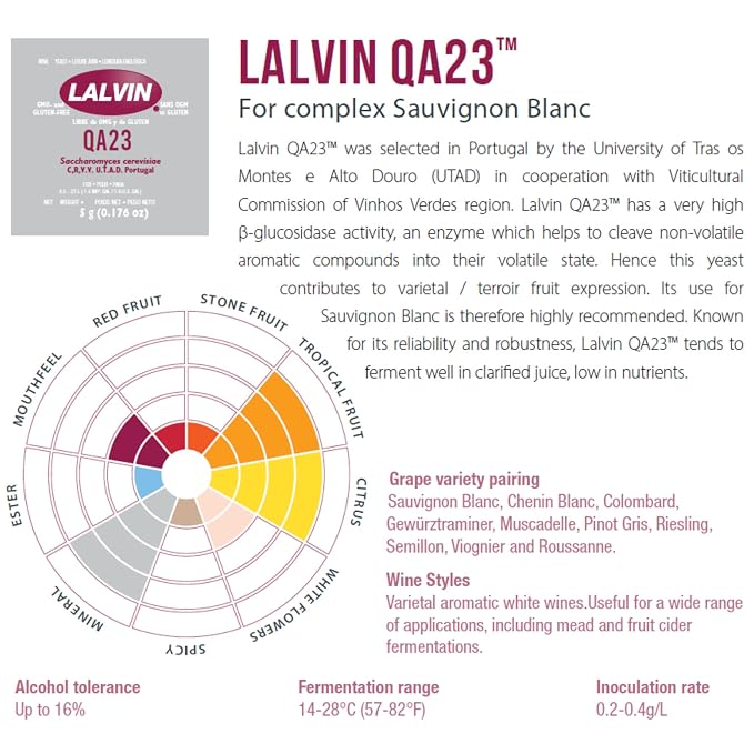 Lalvin QA23 Wine Yeast (5 Pack) - Make Wine Cider Mead Kombucha At Home - 5 g Sachets - Saccharomyces cerevisiae - Sold by CAPYBARA Distributors Inc.