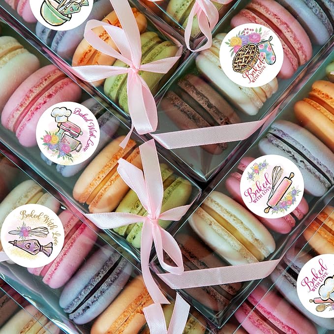WorldBazaar Baked with Love Stickers 500pcs Floral Homemade with Love Stickers Cookies Packaging Stickers for Bakery Box Birthday Wedding Baby Shower Christmas Small Business Supplies
