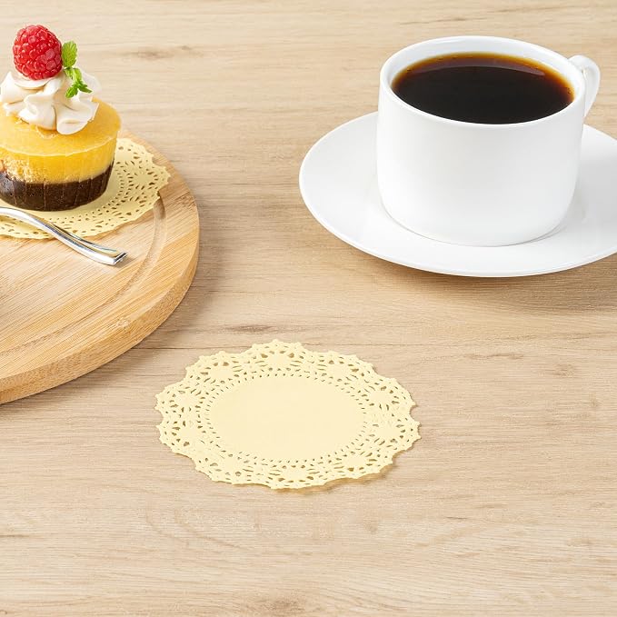 Pastry Tek 4 x 4 Inch Paper Lace Doilies, 4000 Disposable Table Doilies - Elegant Lace Finish, Long Lasting, Yellow Paper Doily, for Pastries, Cupcakes, Desserts - Restaurantware