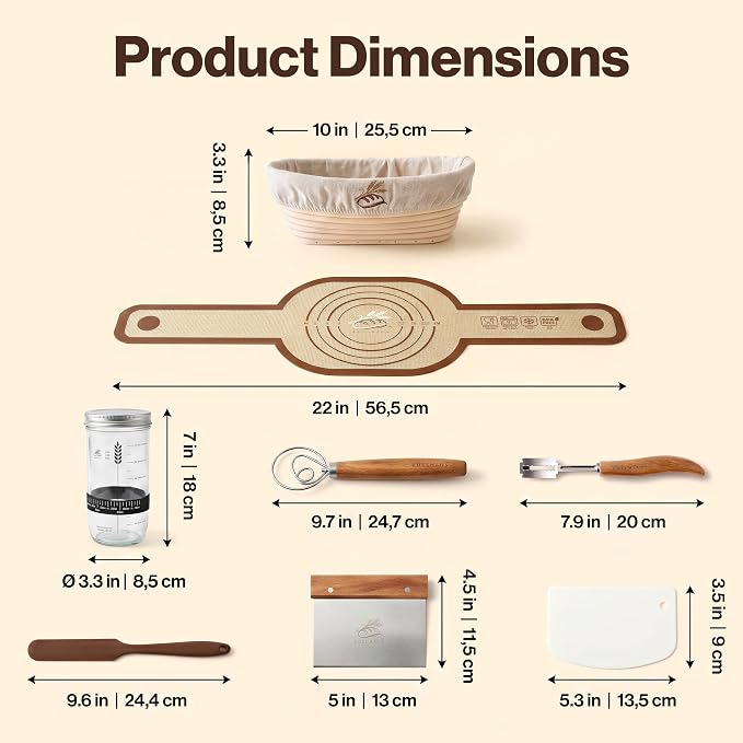 EDELHAUS Banneton Proofing Basket Complete Set Oval – Complete Sourdough Bread Baking Kit with Banneton Basket, Dough Tools, Sourdough Starter Jar, Bread Lame, Bench Scraper & Baking Mats