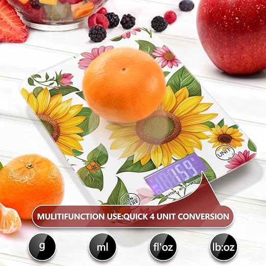 Food Scale Kitchen Digital Scale Food Ounces and Grams Dieting Baking Cooking Waterproof Glass Panels LCD Display,4 Units Scale Tare Function Sunflower White