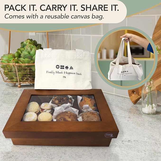 Wooden Bakery Box with Window - 12x8x2.5 Inches– Treat Boxes for Pastry, Desserts, Donuts, Muffins or Baked Goods- Comes with Reusable Canvas Bag-Ideal Baker Gifts for Women
