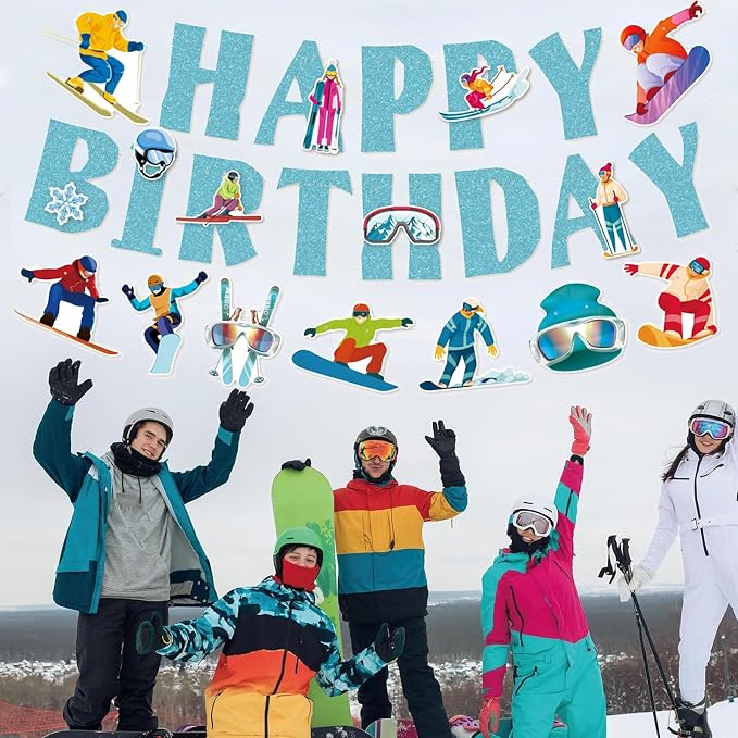 Zwiebeco Blue Skiing Happy Birthday Banner Bunting Garland Hanging Paper Party Decoration for Boys Girls Mens Womens Snow Skier Lover Winter Ski Snowboard Sports Themed Bday Decor Accessories Supplies