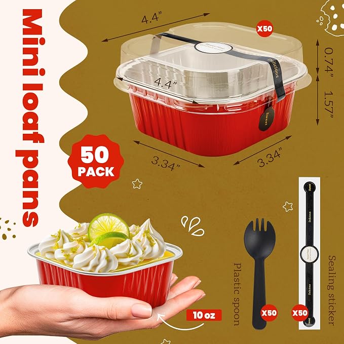 NPLUX 50 Pcs Mini Square Baking Cups with Lids and Spoons Aluminum Foil Mini Cake Pans with Lids Disposable Ramekins Cake Pans Dessert Cups for Wedding, Graduation Gifts Party Favors(Red,10oz)